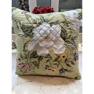 Decorative Pillow Quilted Magnolia Print Sage Green Ivory Red 14” Square.